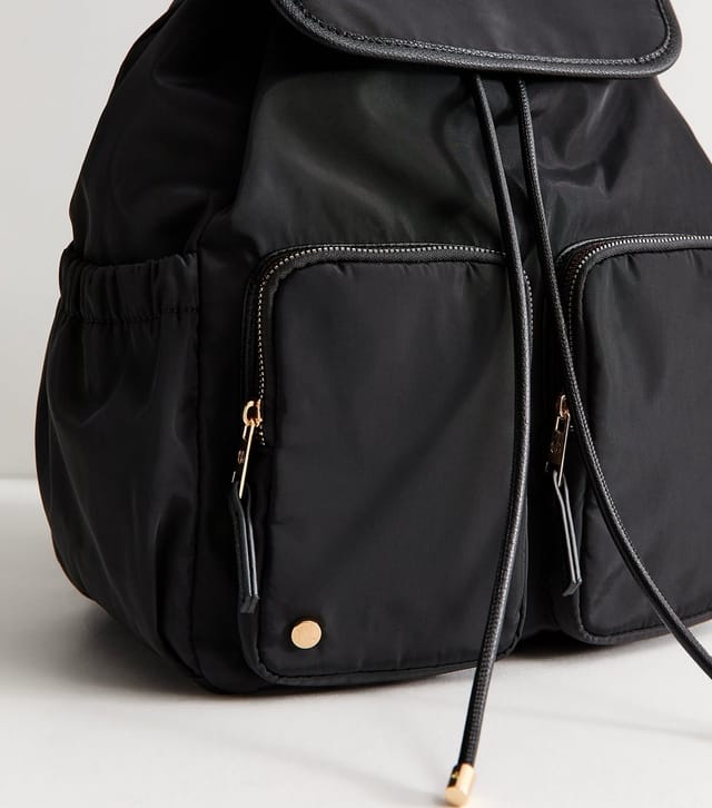 New Look Black Woven Double Pocket Drawstring Backpack School New Look - 3
