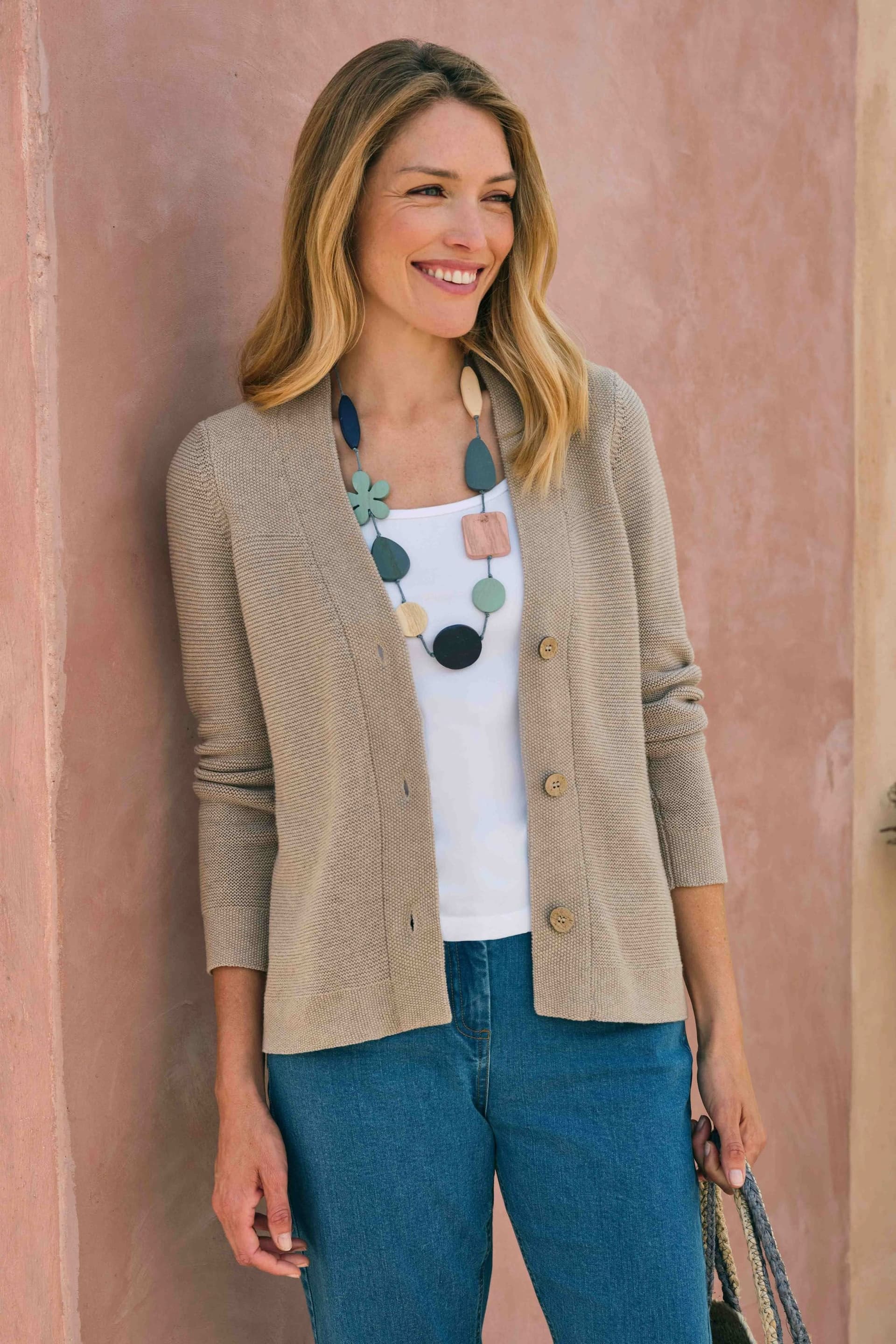 WoolOvers WoolOvers Women's V Neck Moss Stitch Cardi in Camel