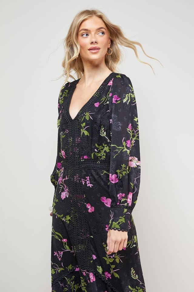 Oasis Oasis Women's Printed Lace Trim Detail High Low Hem Midi Dress in Black - 2