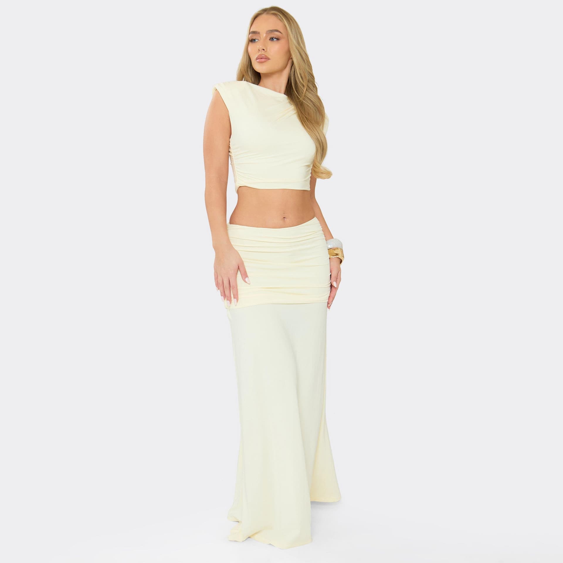 EGO Shoulder Pad Crop Top And Ruched Maxi Skirt Co-Ord Set In Lemon, Women's Size UK L