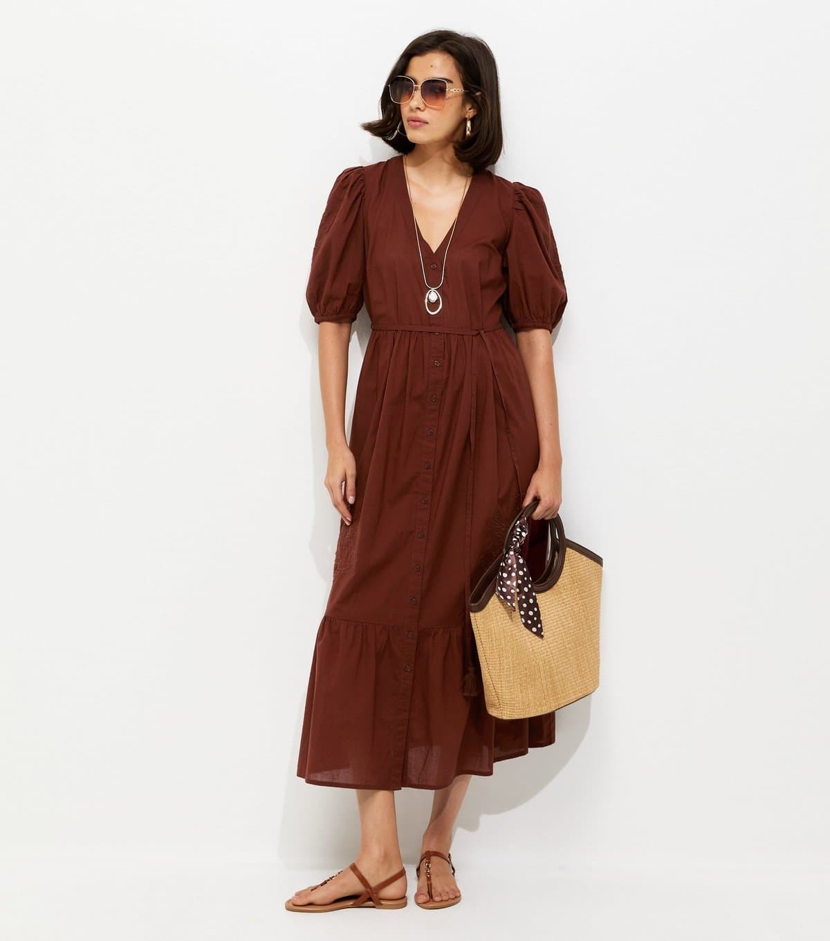 New Look Women's Dark Red Embroidered Smock Midi Dress New Look