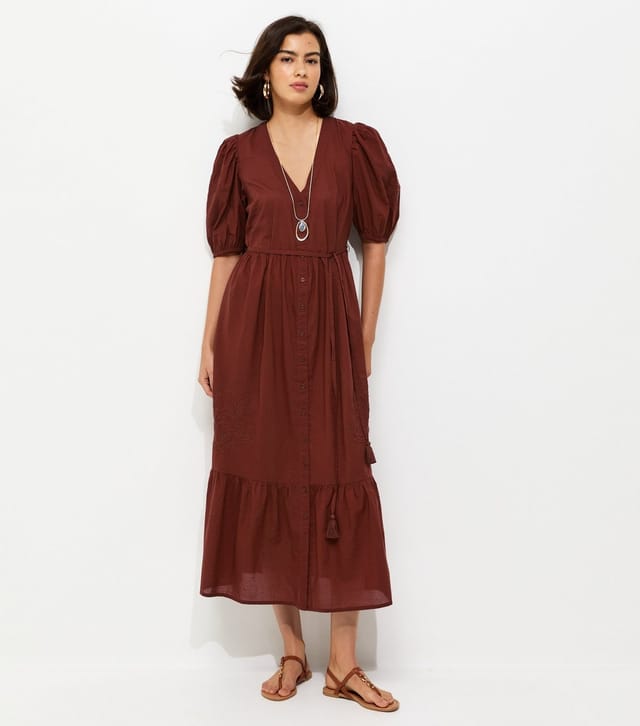 New Look Women's Dark Red Embroidered Smock Midi Dress New Look - 2