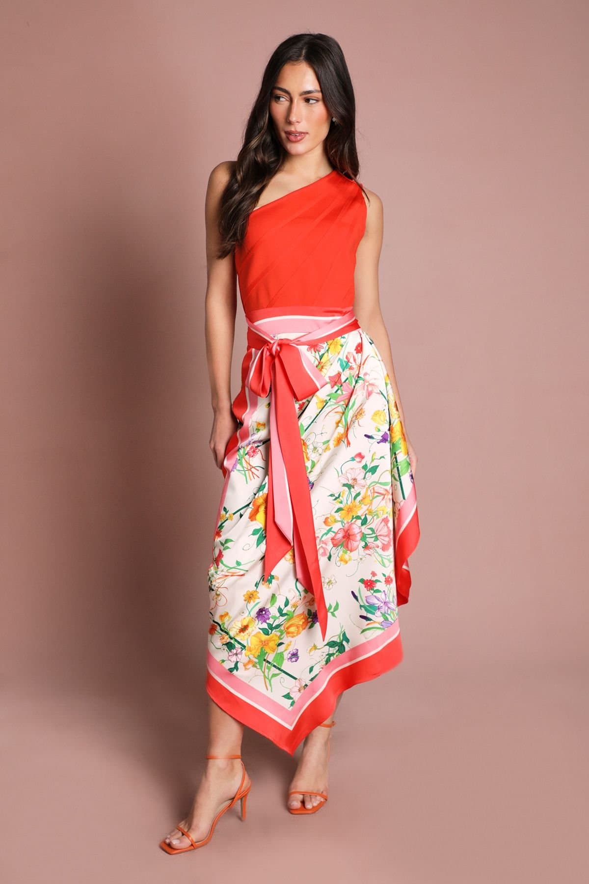 Coast Coast Women's Bandage One Shoulder Printed Satin Midi Dress in Ivory