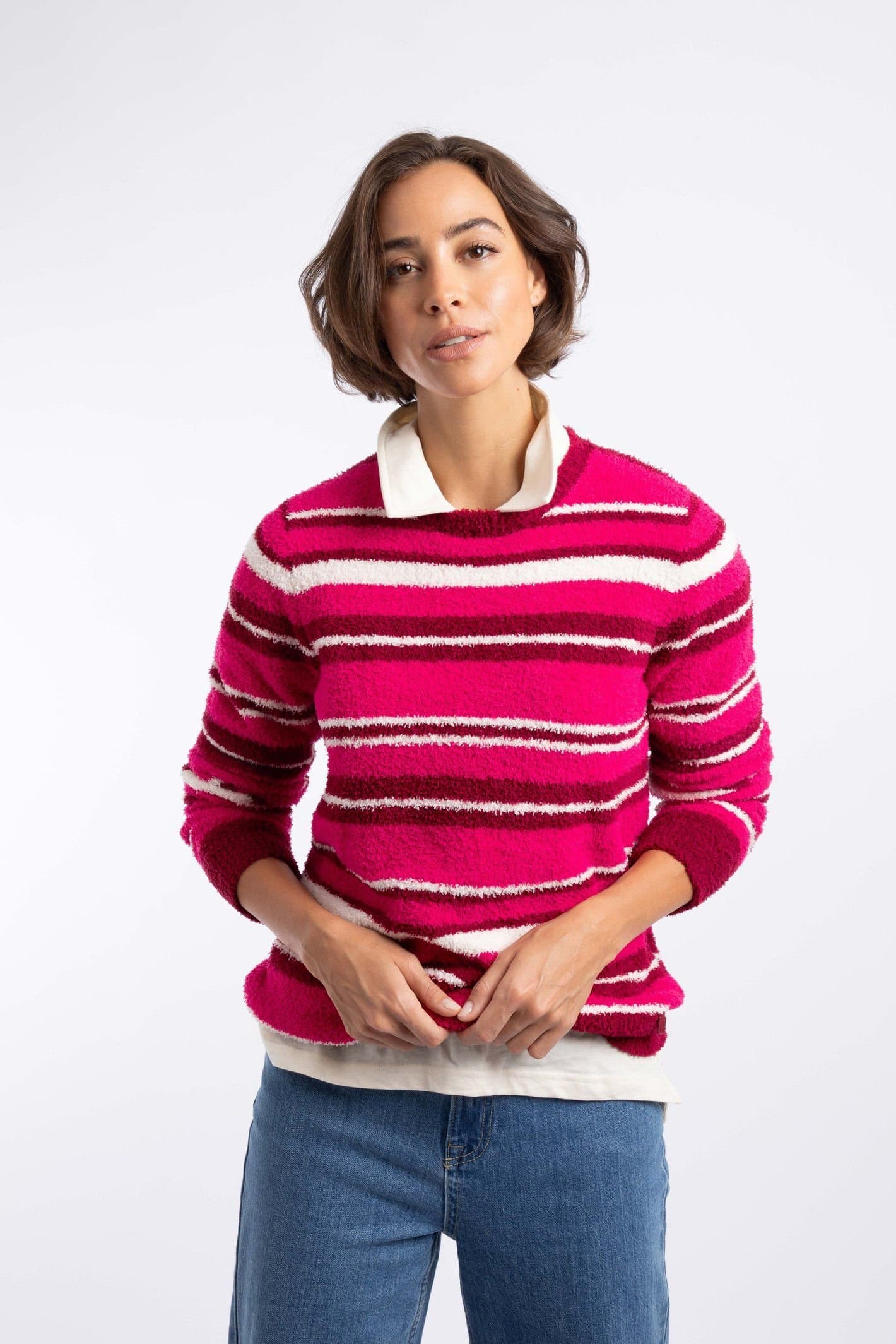 Weird Fish Weird Fish Women's Wanda Cosy Knit Stripe Jumper in Dark Pink