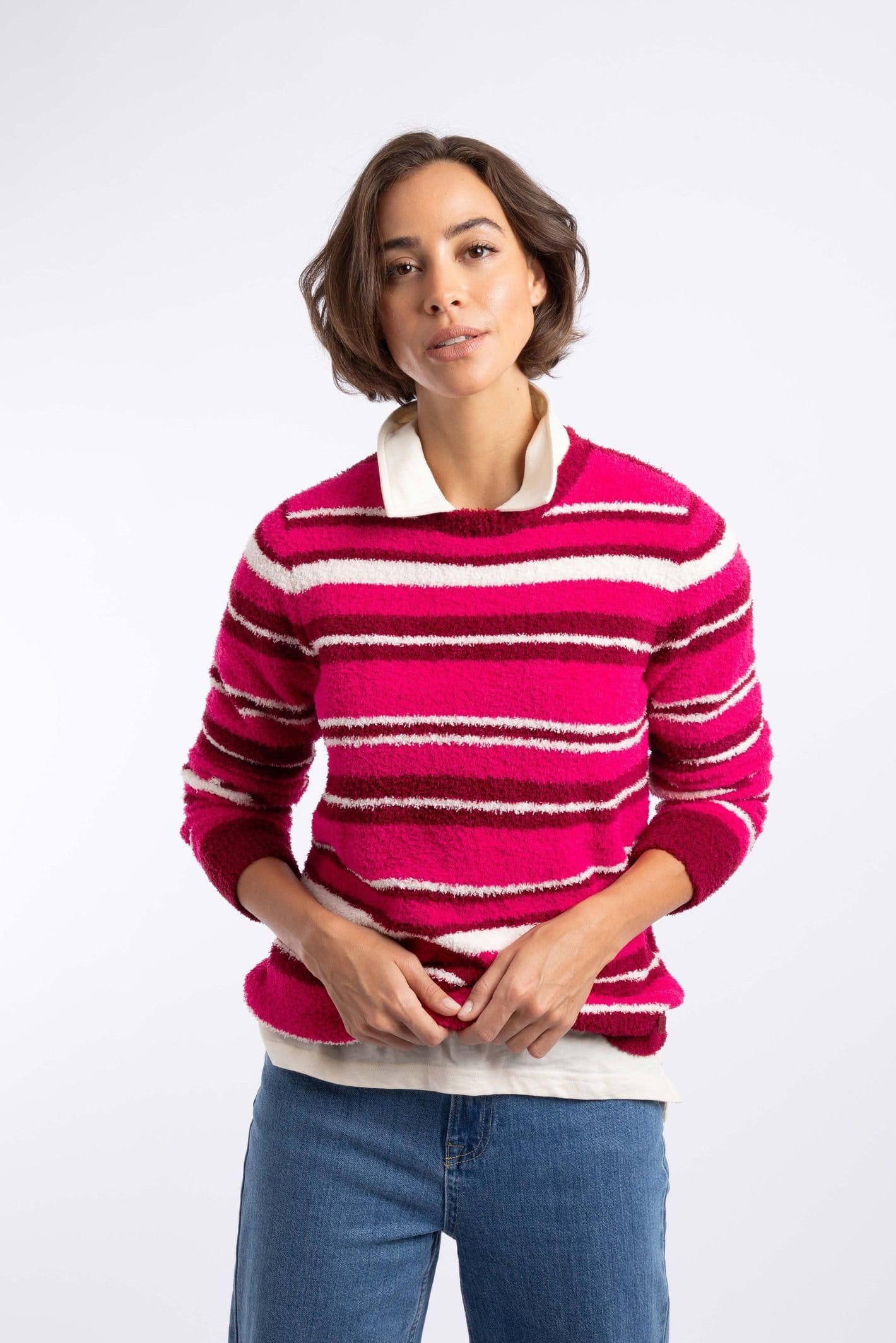 Weird Fish Women's Wanda Cosy Knit Stripe Jumper in Dark Pink