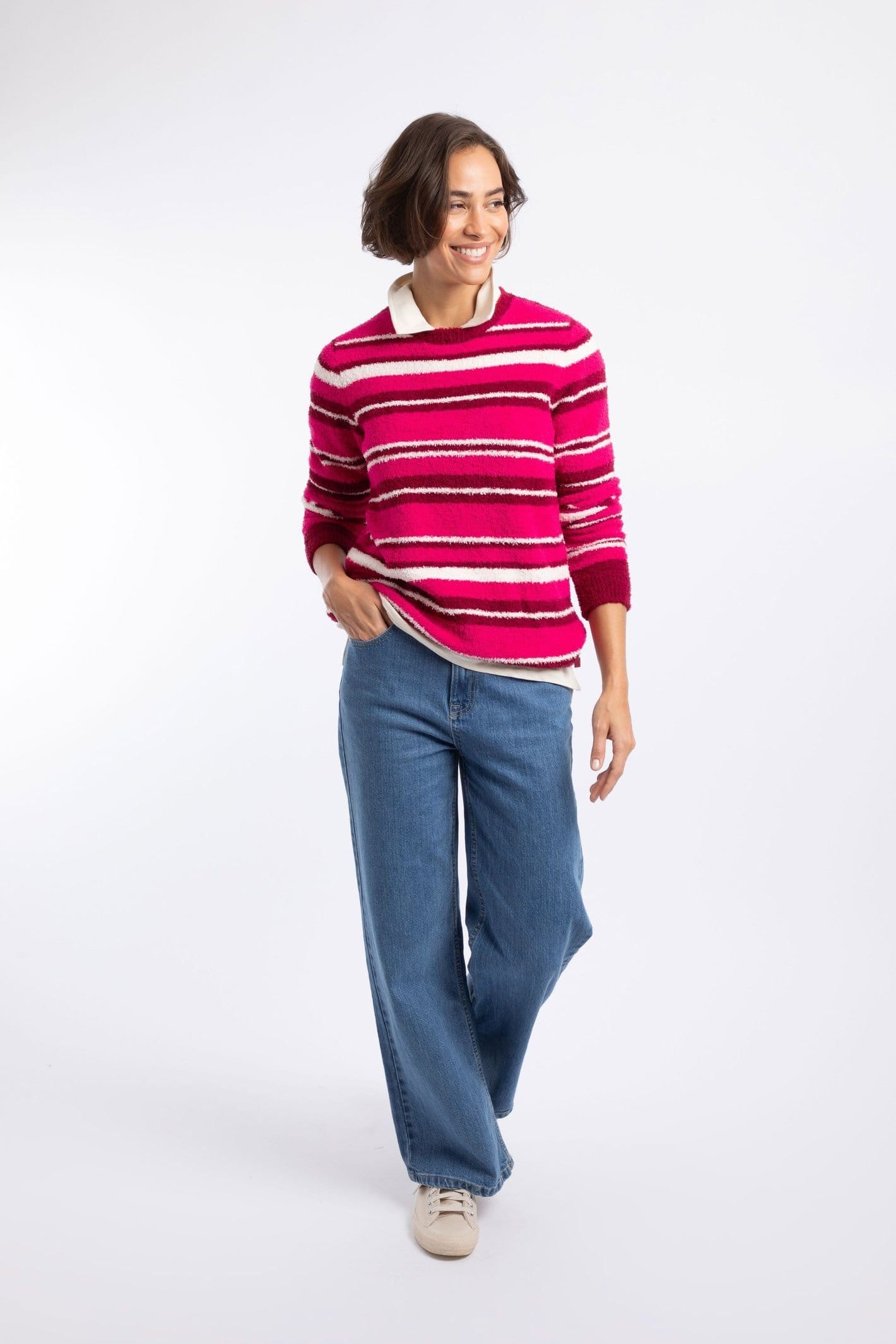 Weird Fish Weird Fish Women's Wanda Cosy Knit Stripe Jumper in Dark Pink - 4