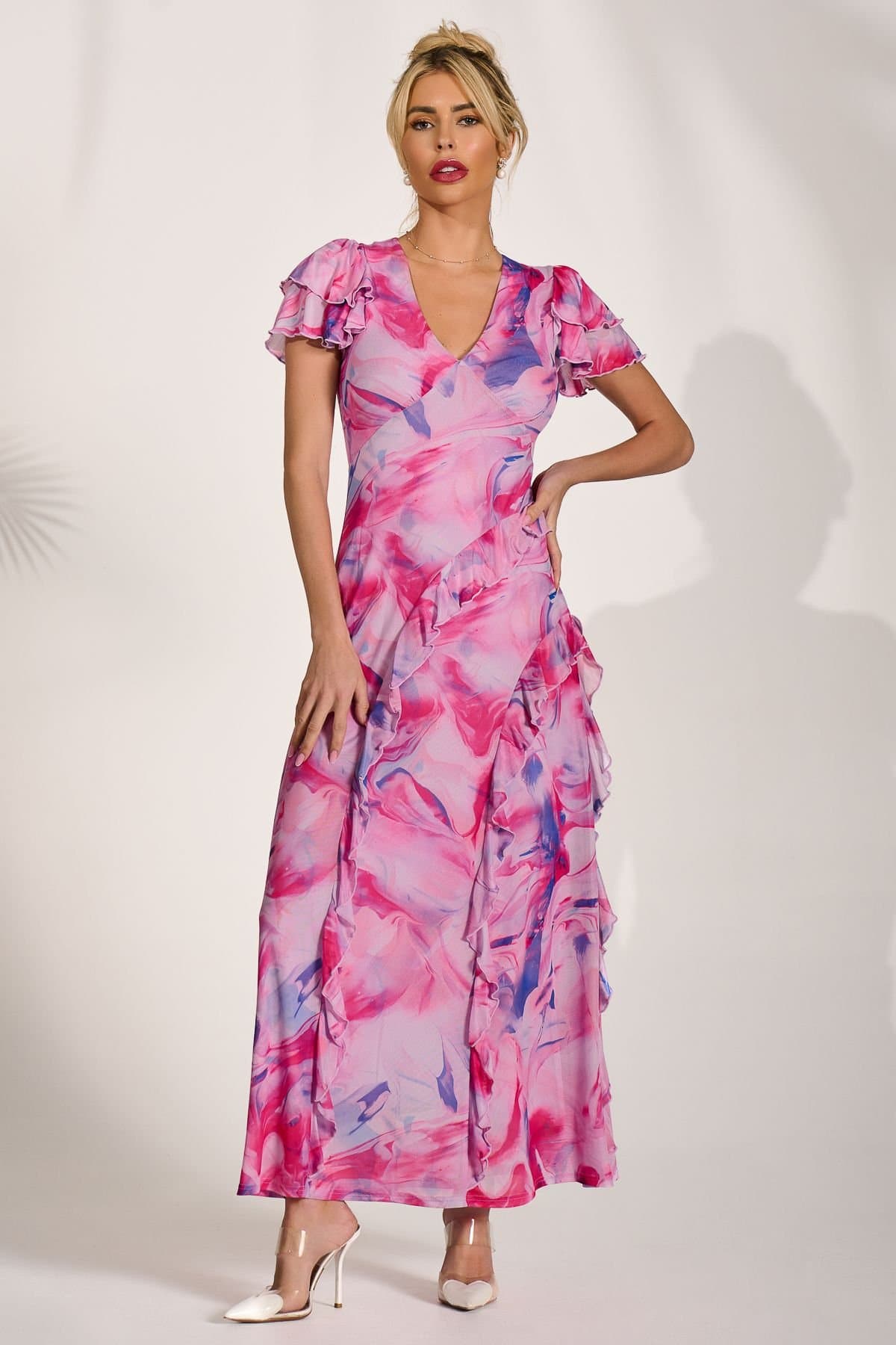 Jolie Moi Jolie Moi Women's Cap Sleeve Ruffle Mesh Maxi Dress in Pink