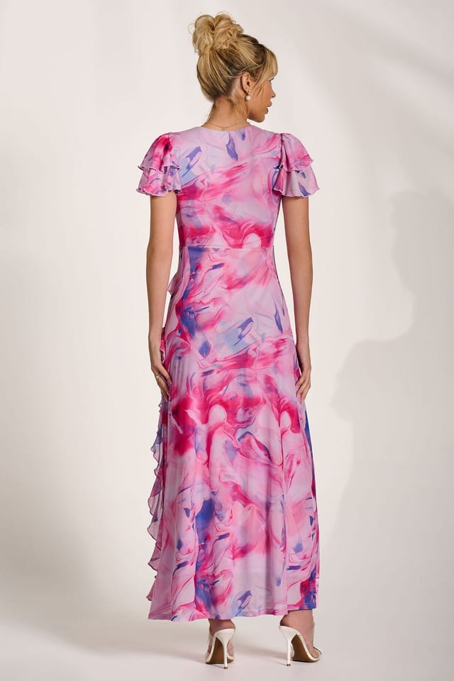 Jolie Moi Jolie Moi Women's Cap Sleeve Ruffle Mesh Maxi Dress in Pink - 2