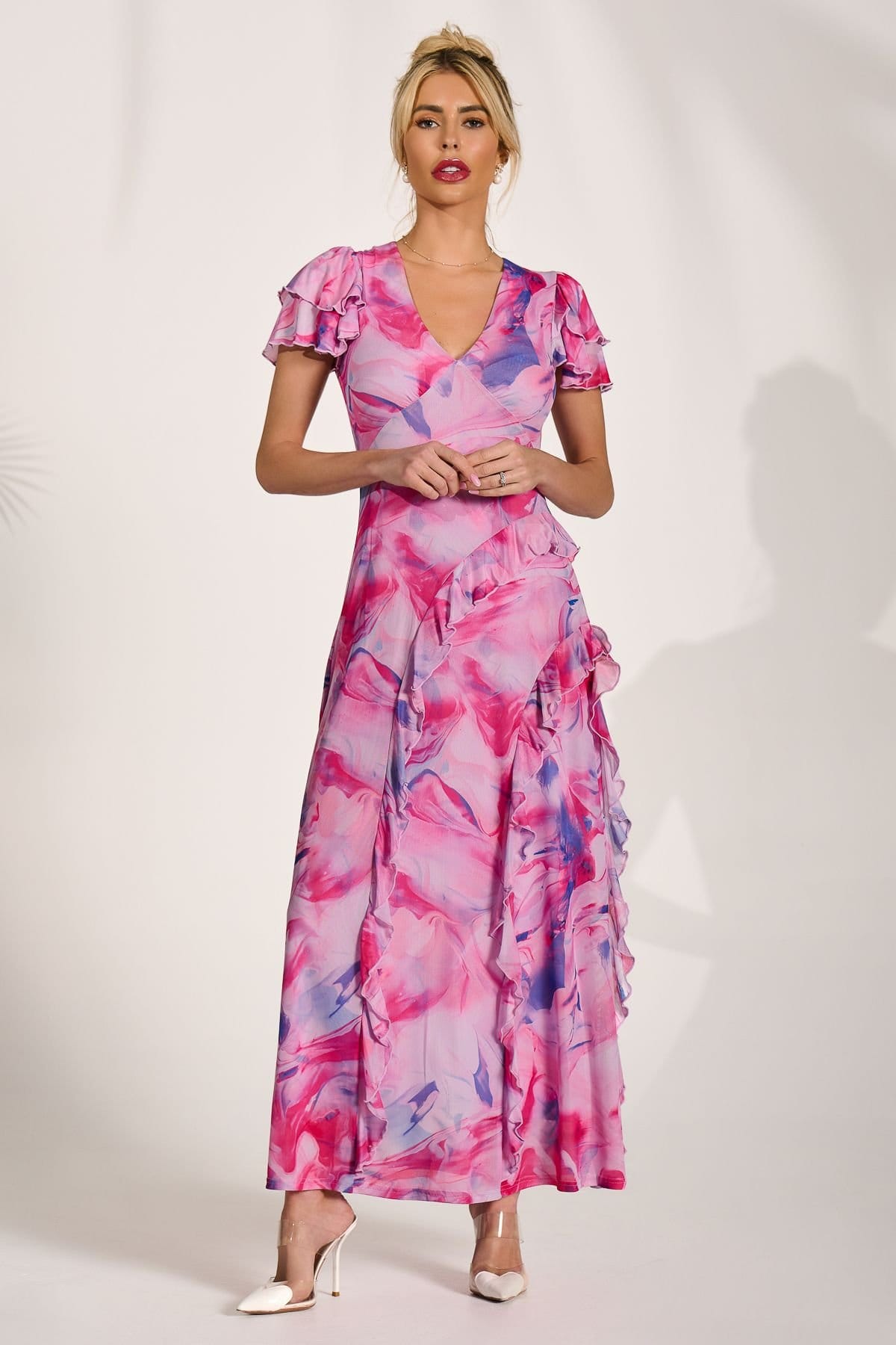 Jolie Moi Jolie Moi Women's Cap Sleeve Ruffle Mesh Maxi Dress in Pink - 4