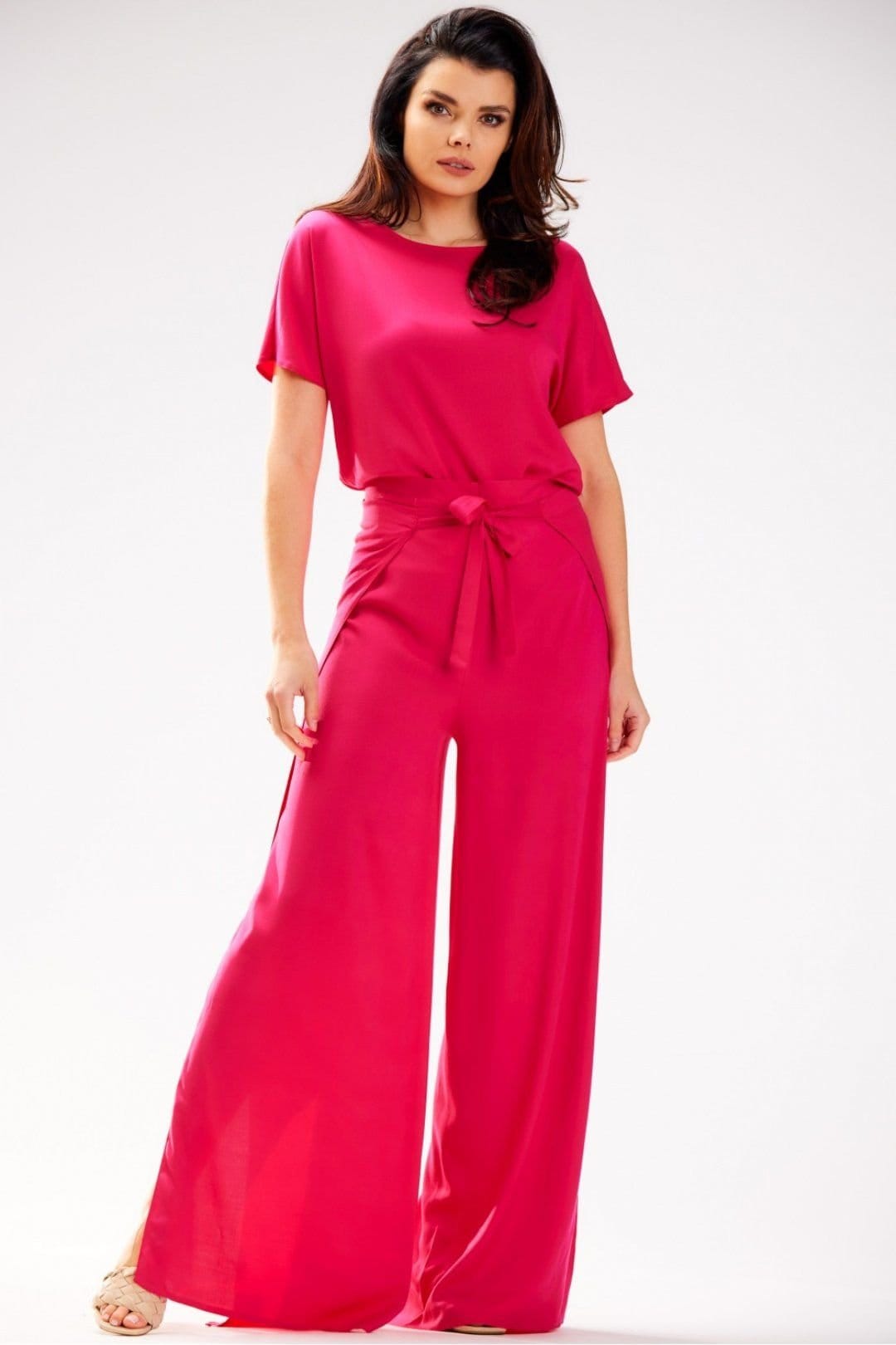 Love Lace Pink Viscose Jumpsuit with High Waist and Tiered Design