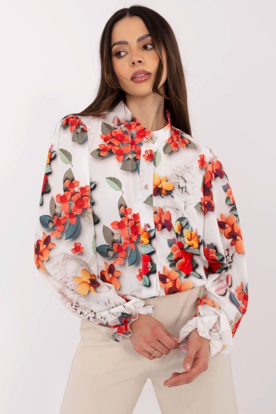Love Lace Love Lace Women's Floral Long Sleeve Cotton Blend Shirt in White