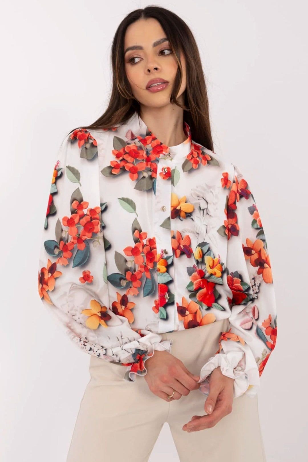 Love Lace White Floral Long Sleeve Cotton Blend Shirt
