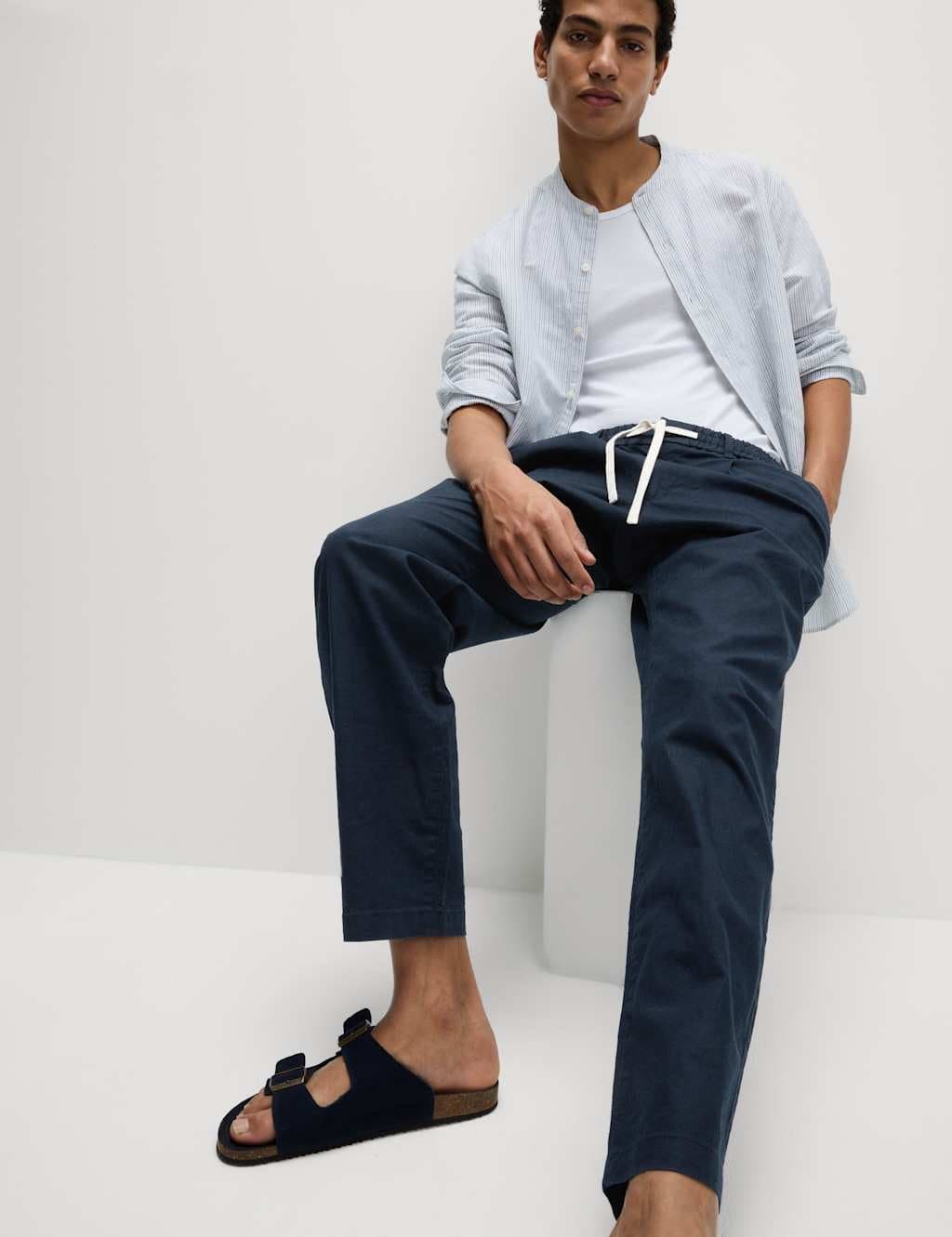 Marks & Spencer M&S Tapered Fit Cotton Linen Blend Elasticated Trousers Dark Navy