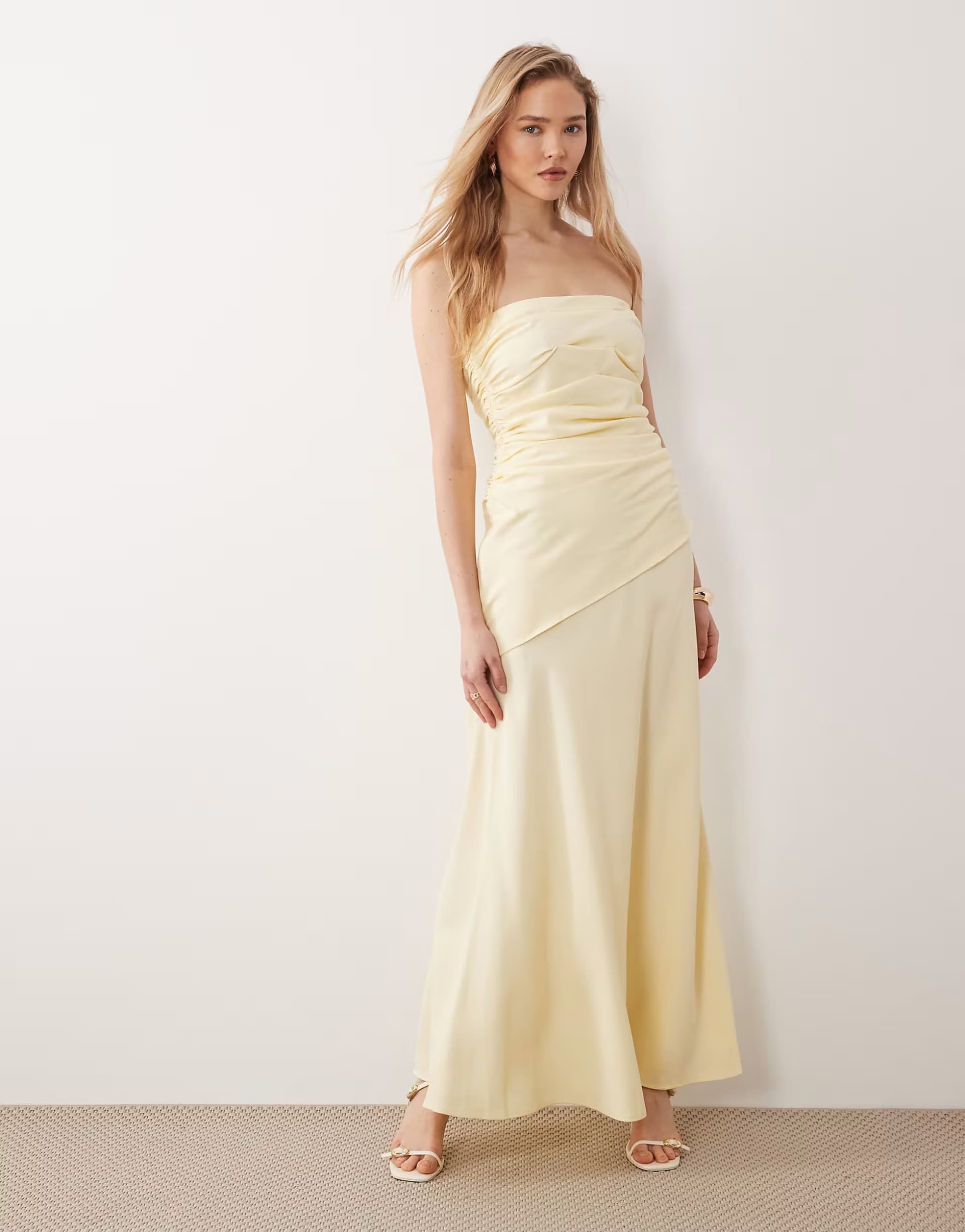 ASOS Nobody's Child Kiva occasion ruched detail bandeau maxi dress in soft yellow