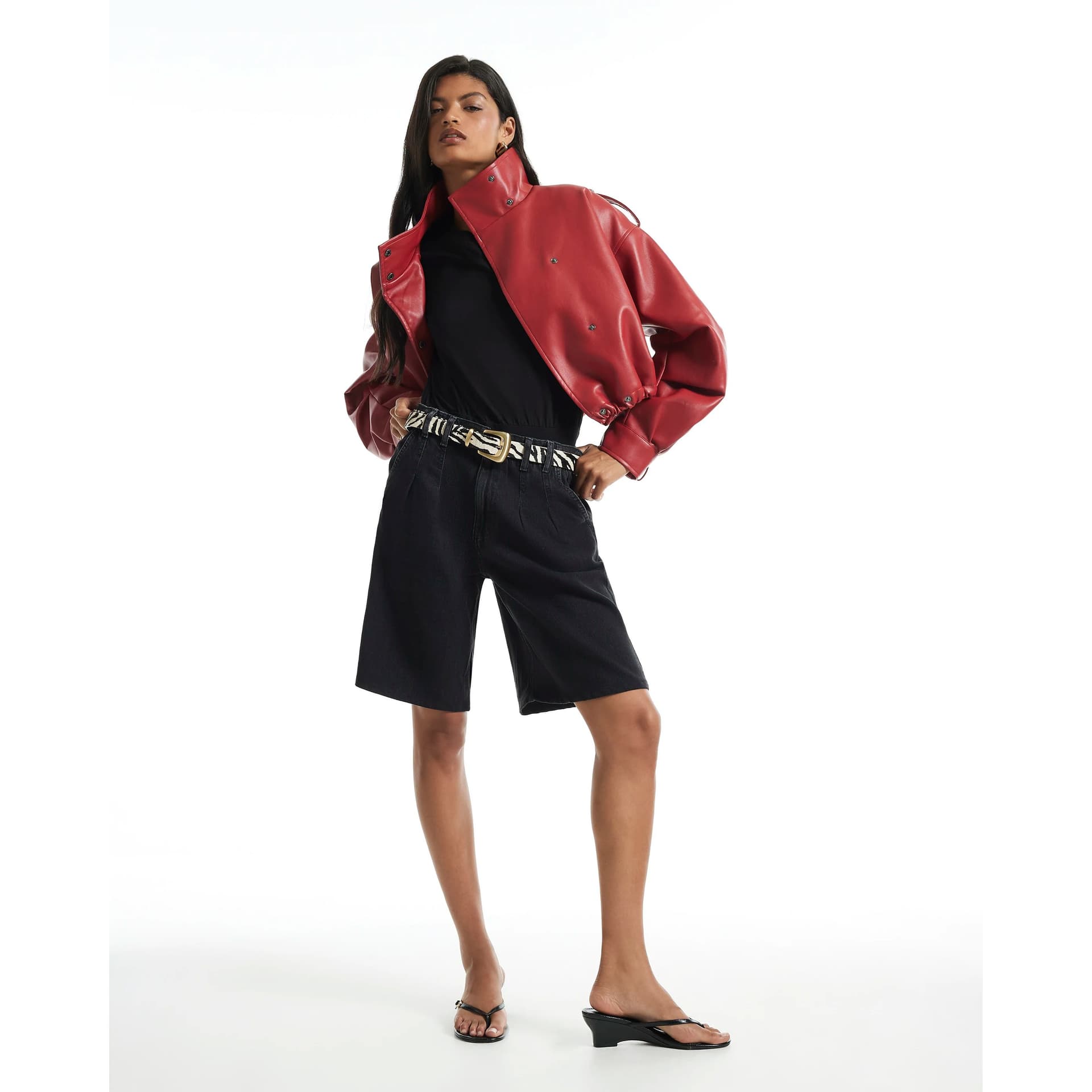River Island River Island Womens Black Mid Rise Pleat Front Denim Jorts