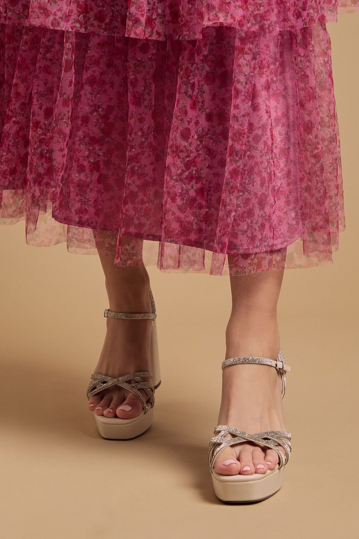 Oasis Oasis Women's Mona Faux Leather Embellished High Block Heel Platform Sandals in Beige - 2