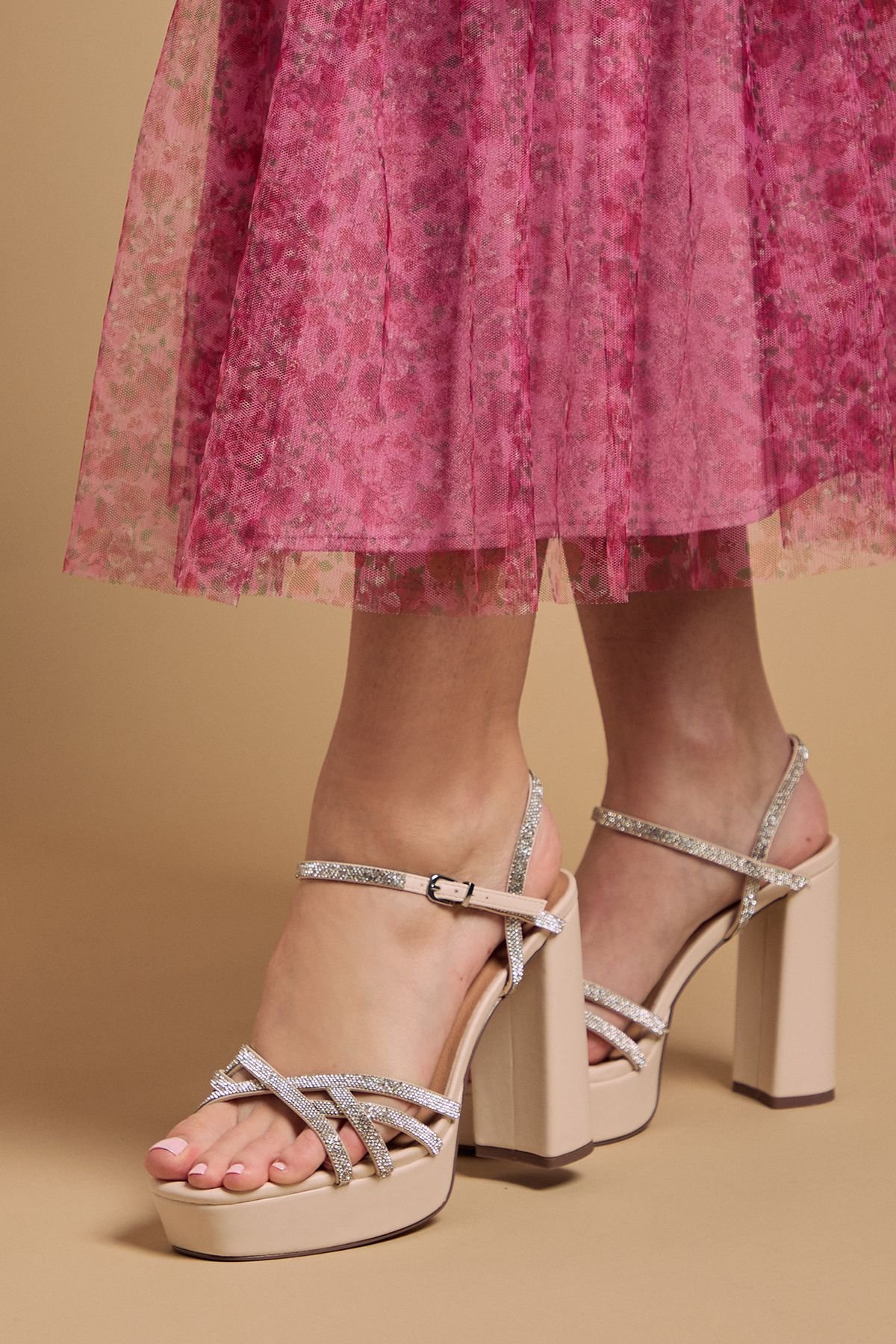 Oasis Oasis Women's Mona Faux Leather Embellished High Block Heel Platform Sandals in Beige - 3