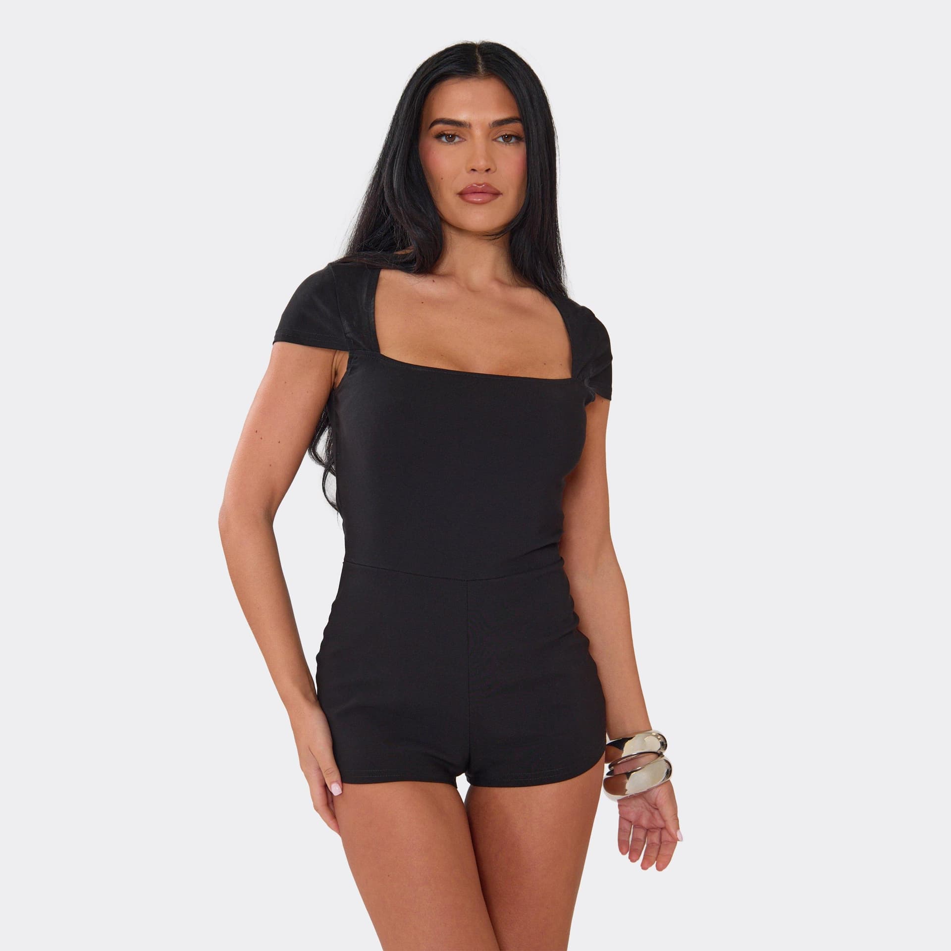 EGO Short Sleeve Square Neck Tailored Playsuit In Black., Women's Size UK 6