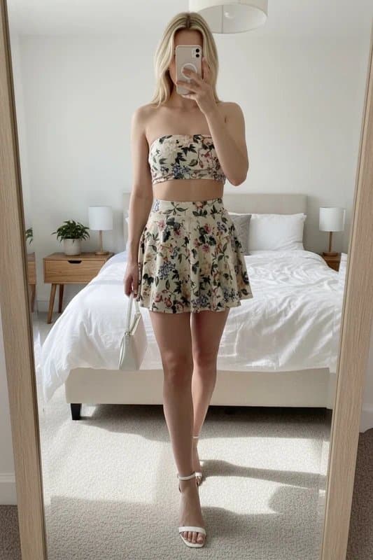 Topshop Topshop Size 10 Floral Skater Skirt | Cream Summer Mini Skirt | Holiday
