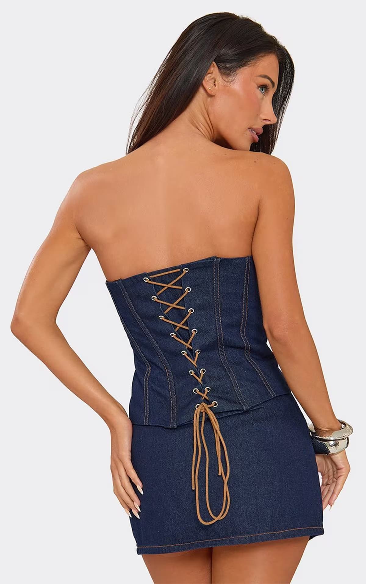 EGO Bandeau Contrast Stitch Detail Lace Up Back Corset Top In Indigo Blue Denim, Women's Size UK 6