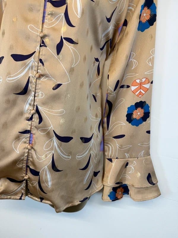 Never Fully Dressed Never Fully Dressed Top Brown Purple Floral Satin Button V Neck Long Sleeve UK 8