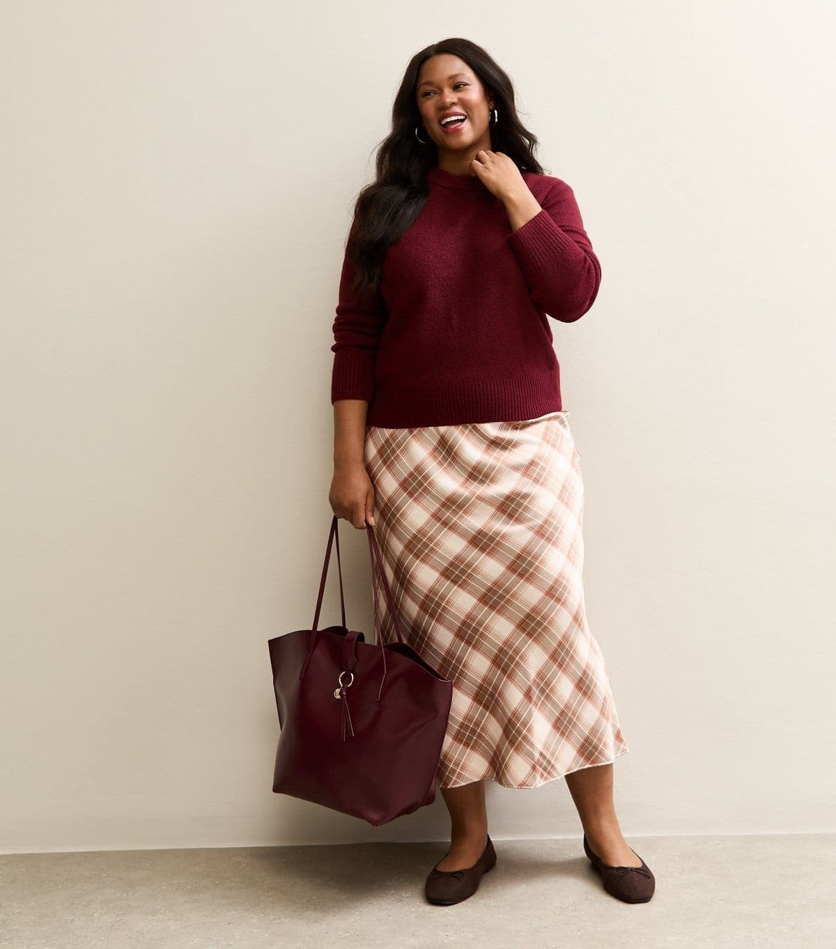 New Look Women's Plus Size Brown Checked Satin Bias Cut Midi Skirt Curves New Look