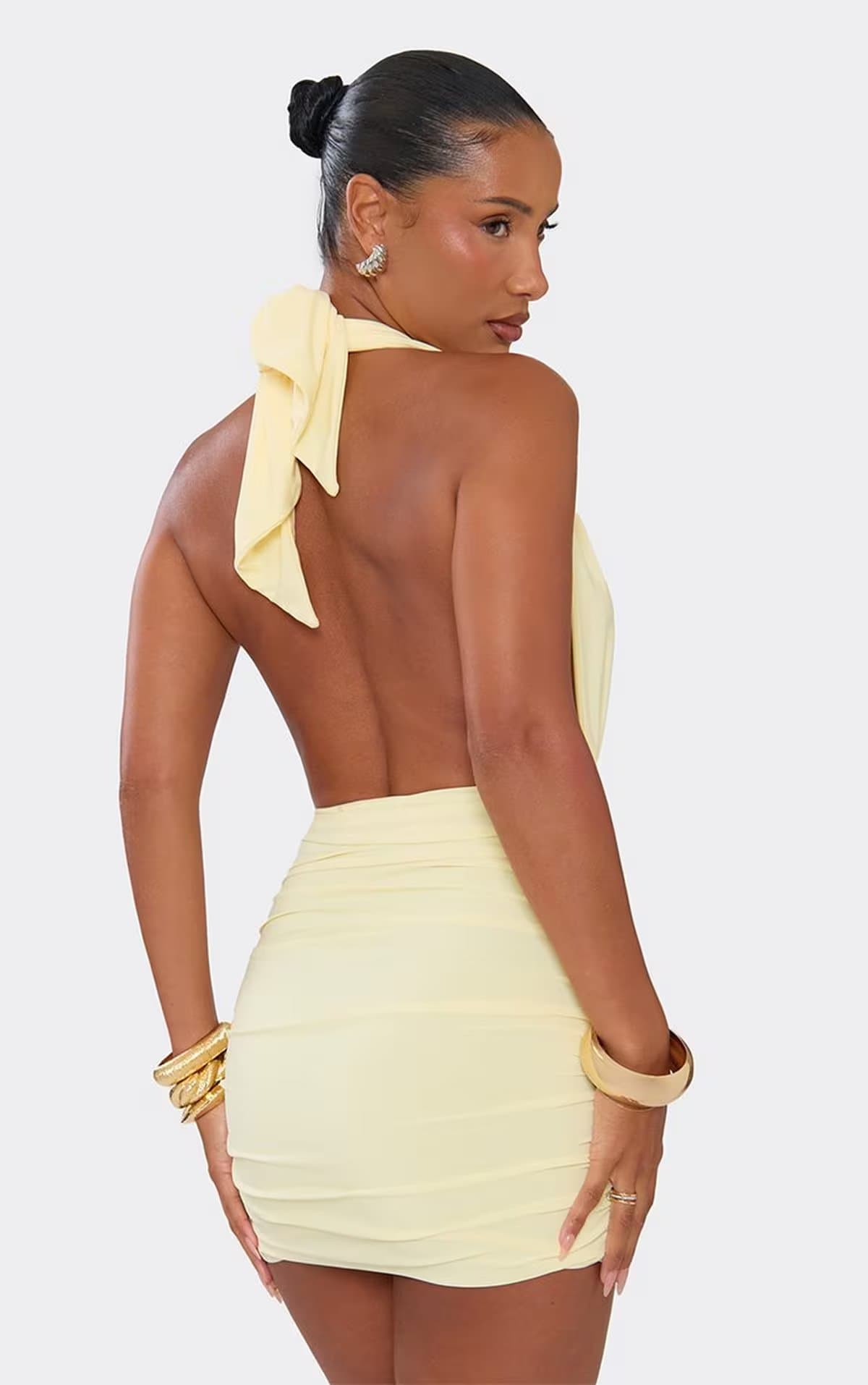 EGO Short Sleeve Plunge Neck Tie Back Ruched Mini Dress In Lemon, Women's Size UK 6