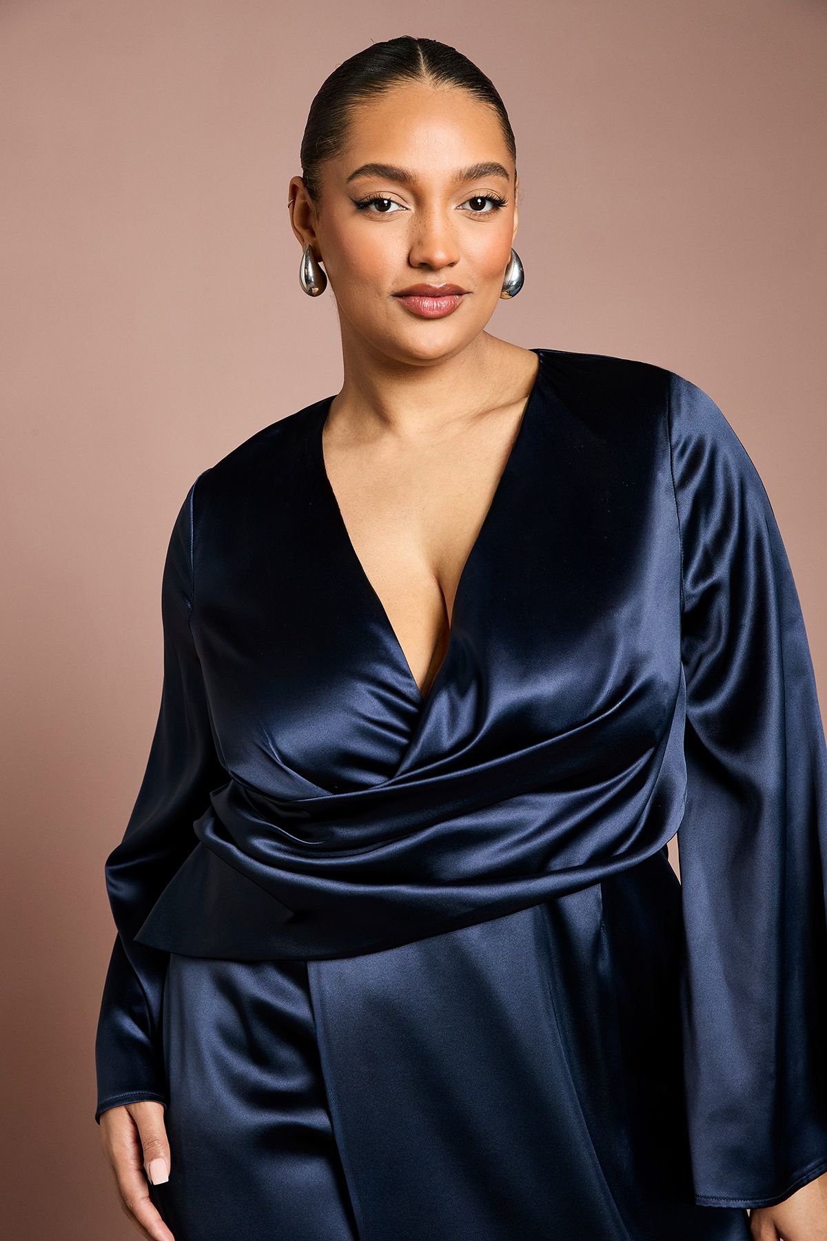 Coast Coast Women's Plus Satin Wrap Front Dress With Flare Sleeve in Navy - 4