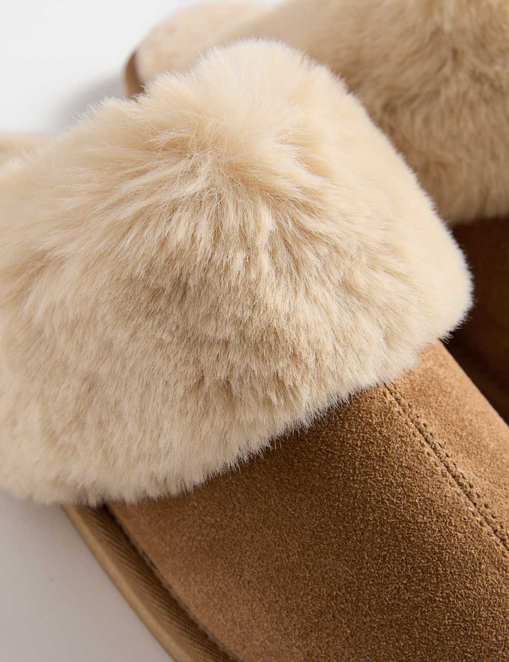 Marks & Spencer M&S Suede Faux Fur Trim Mule Slippers Chestnut - 2