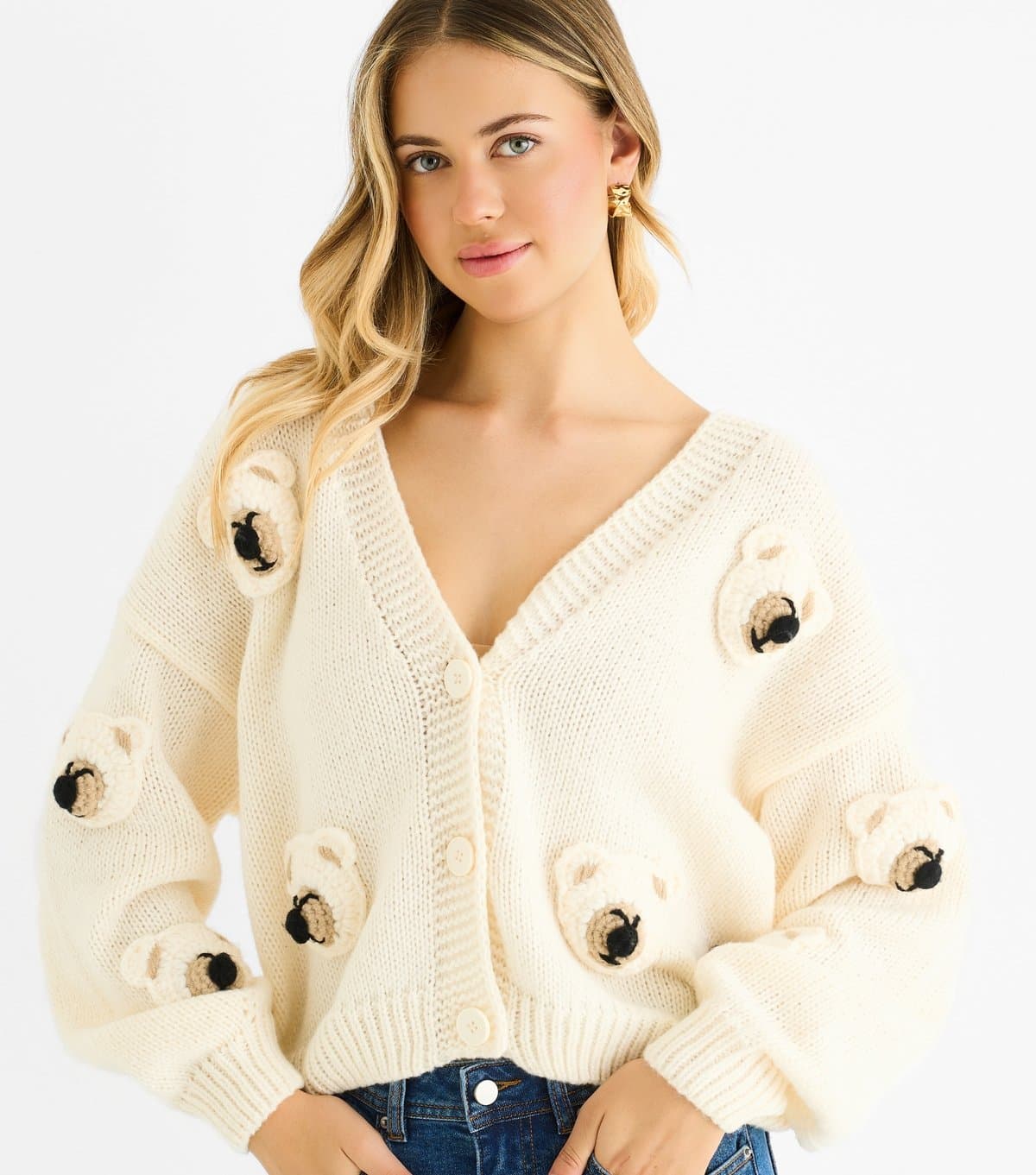 Gini London Women's Cream Contrast Teddy Crochet Cardigan Gini London New Look