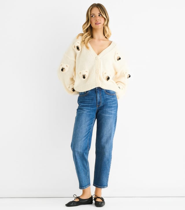 Gini London Women's Cream Contrast Teddy Crochet Cardigan Gini London New Look - 2