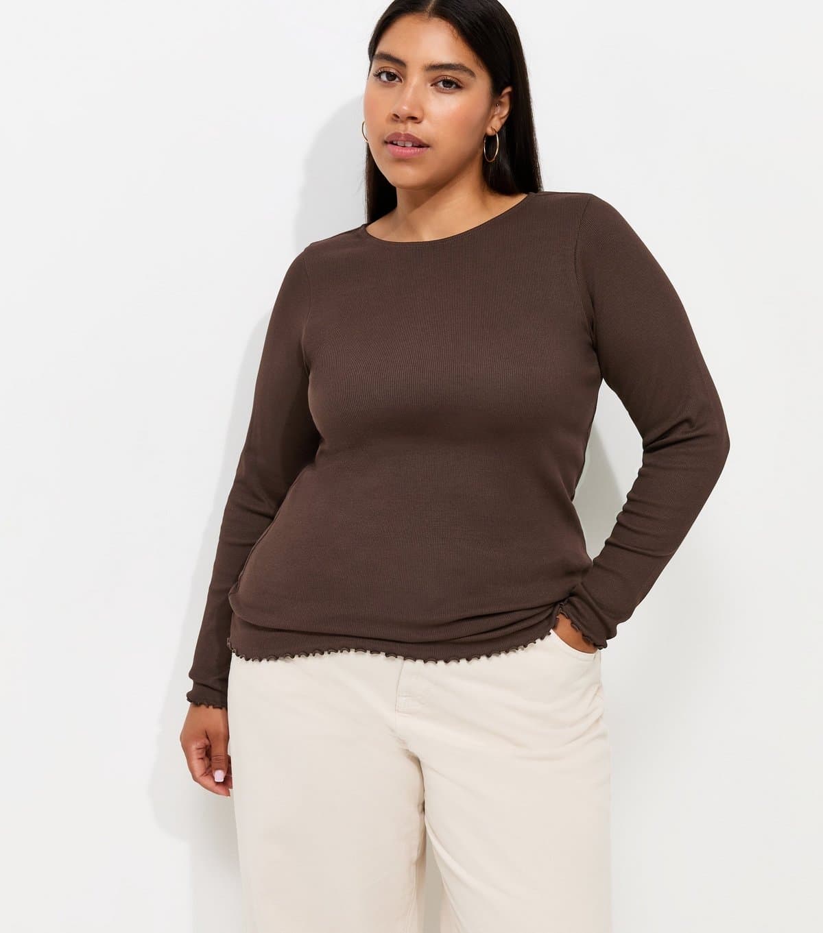 New Look Women's Plus Size Dark Brown Cotton Rich Long Sleeve Babylock Top Curves New Look