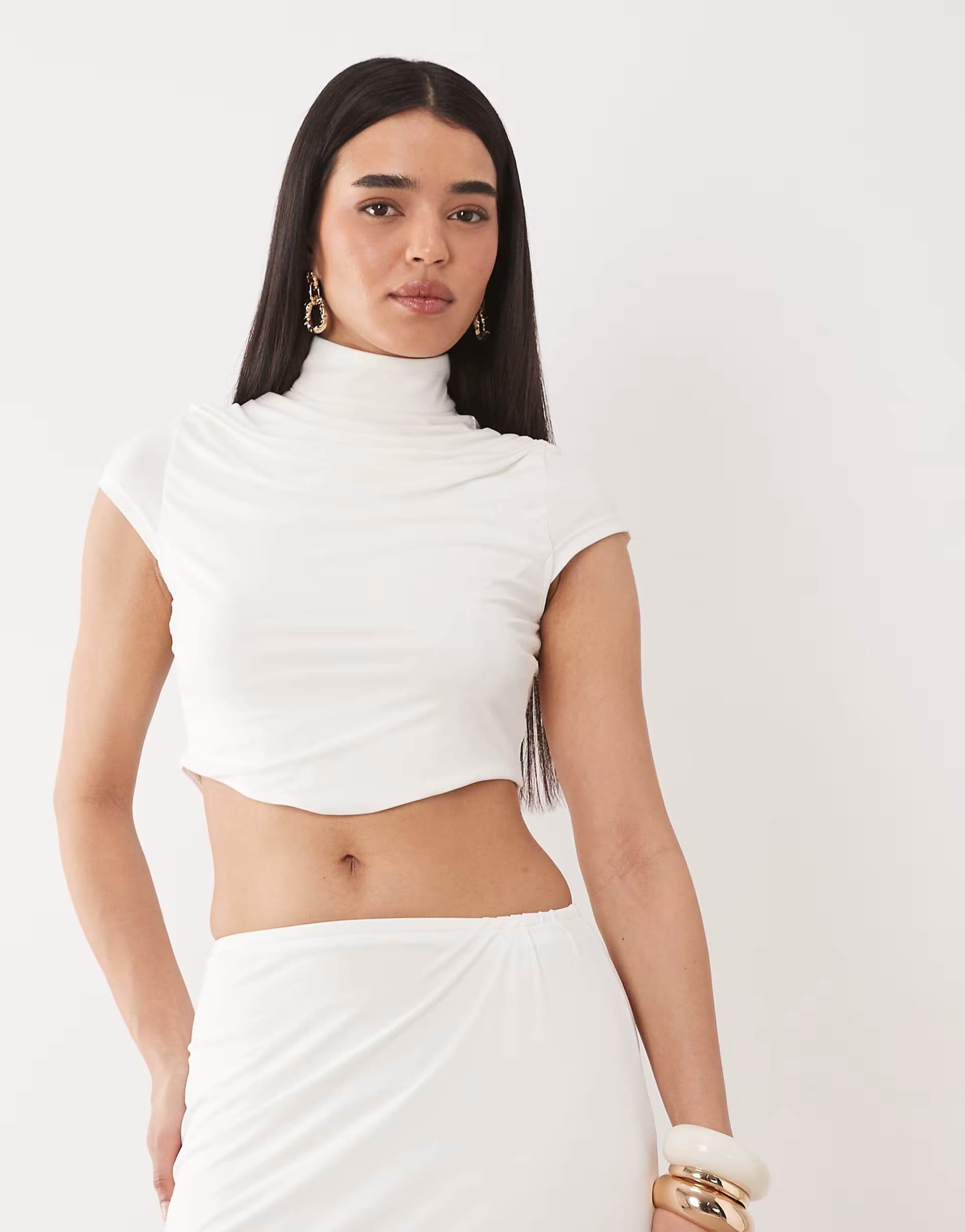 ASOS Ruched & Ready sculpting jersey high neck cap sleeve co-ord top in white