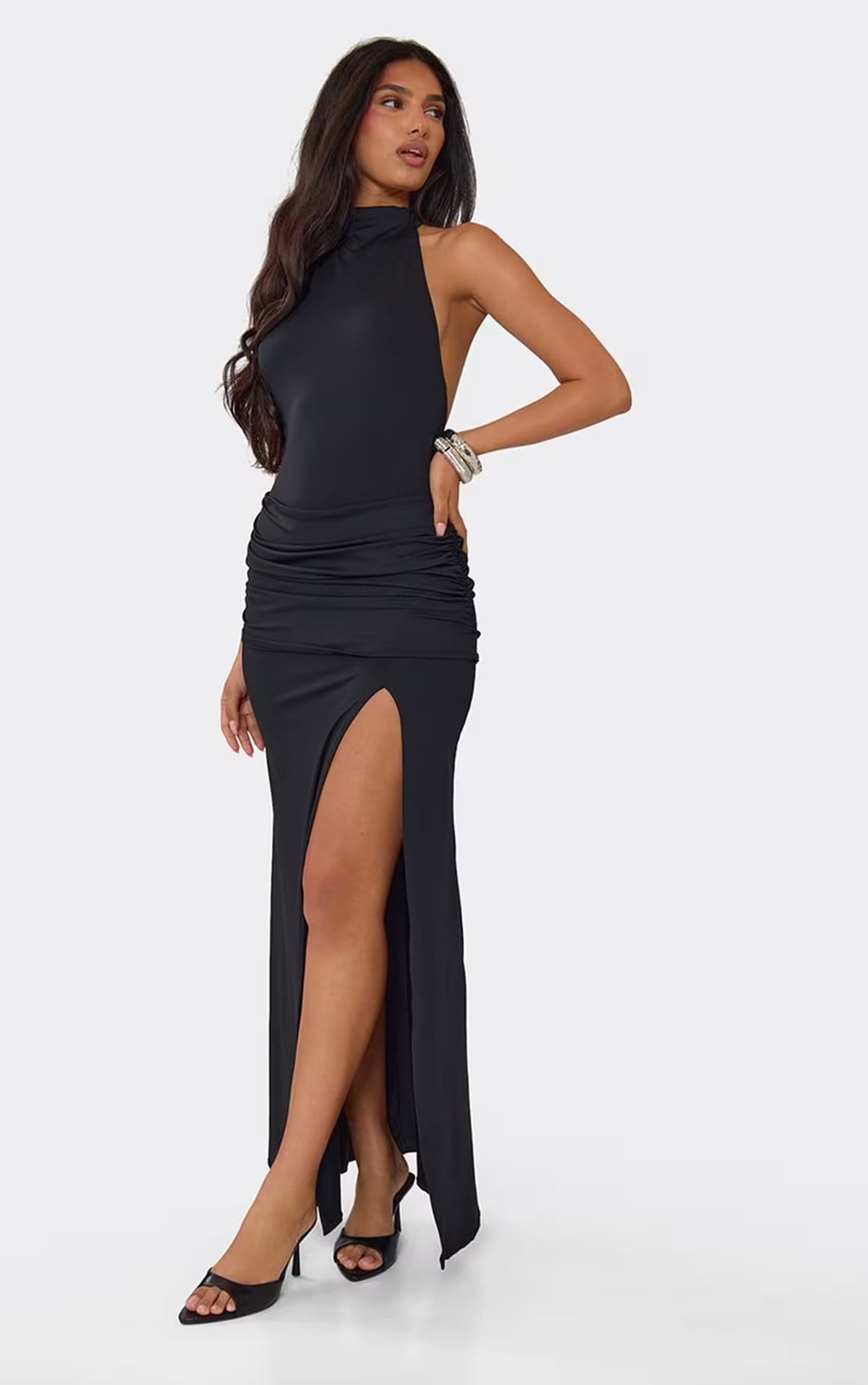 Racer Neck Draped Front Ruched Detail Maxi Dress In Black, Women's Size UK 6