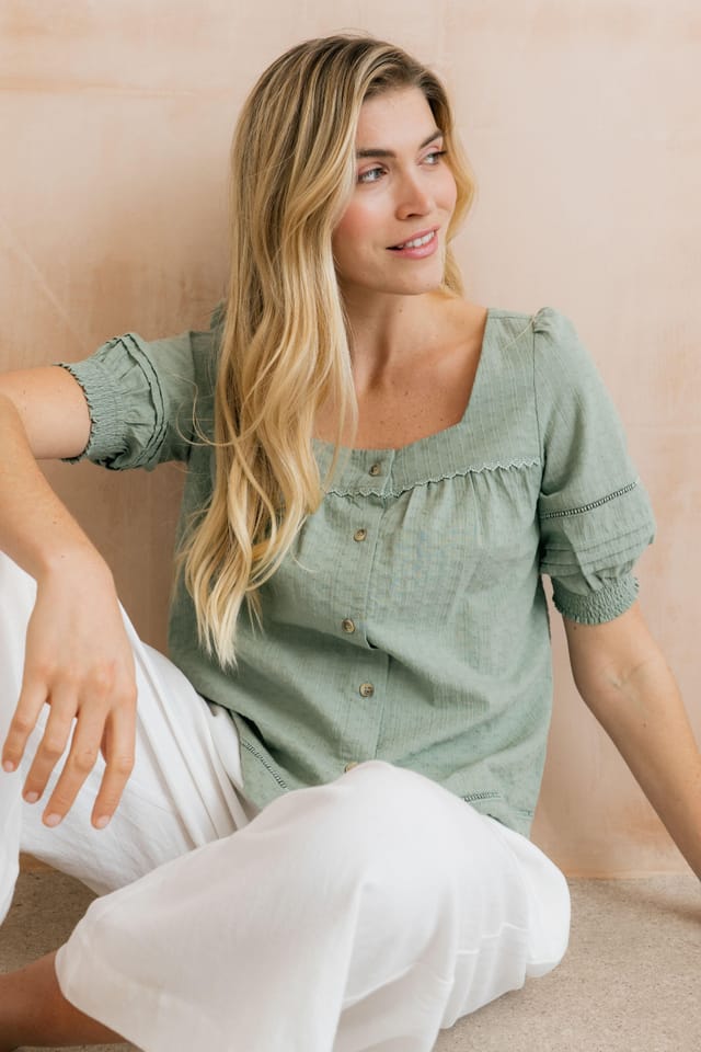 Lily & Me Lily & Me Women's Poppy Embroidered Cotton Blouse in Green - 2