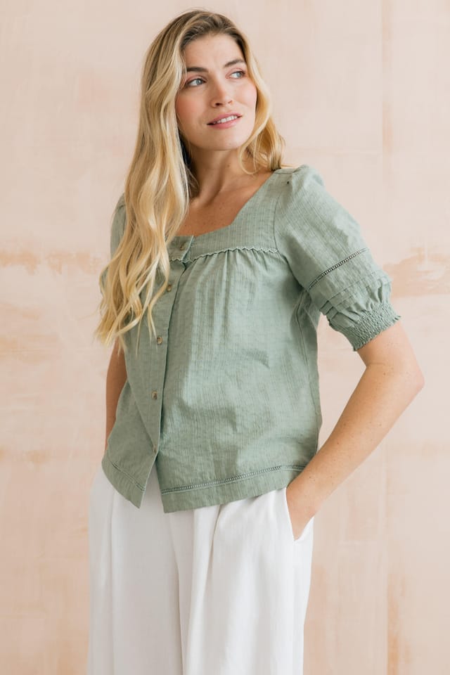 Lily & Me Lily & Me Women's Poppy Embroidered Cotton Blouse in Green - 3