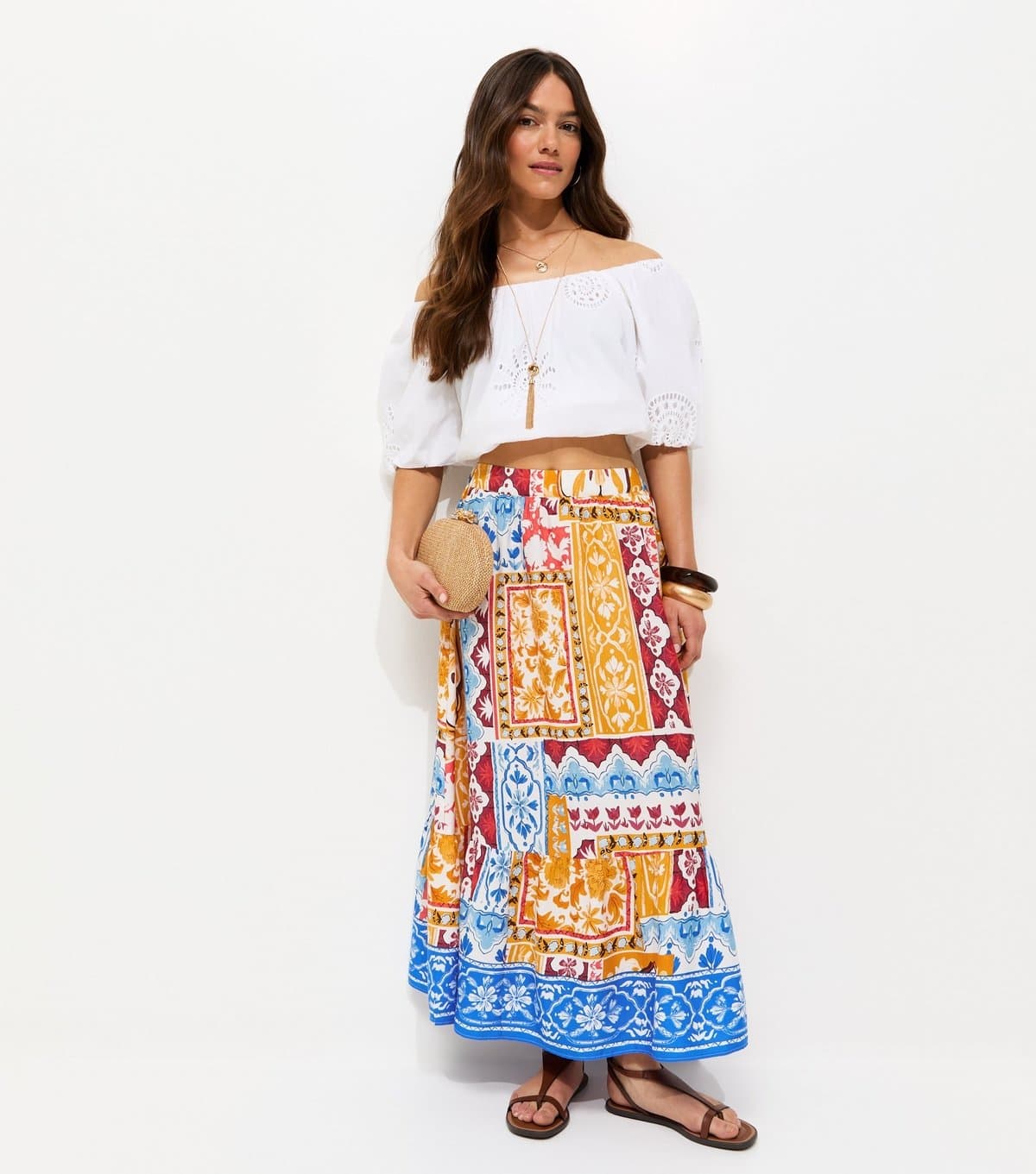 New Look Women's Petite Yellow Patchwork Print Tiered Midi Skirt New Look