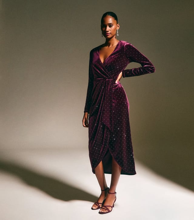 New Look Women's Dark Burgundy Velvet Diamante Embellished Wrap Midi Dress New Look - 3