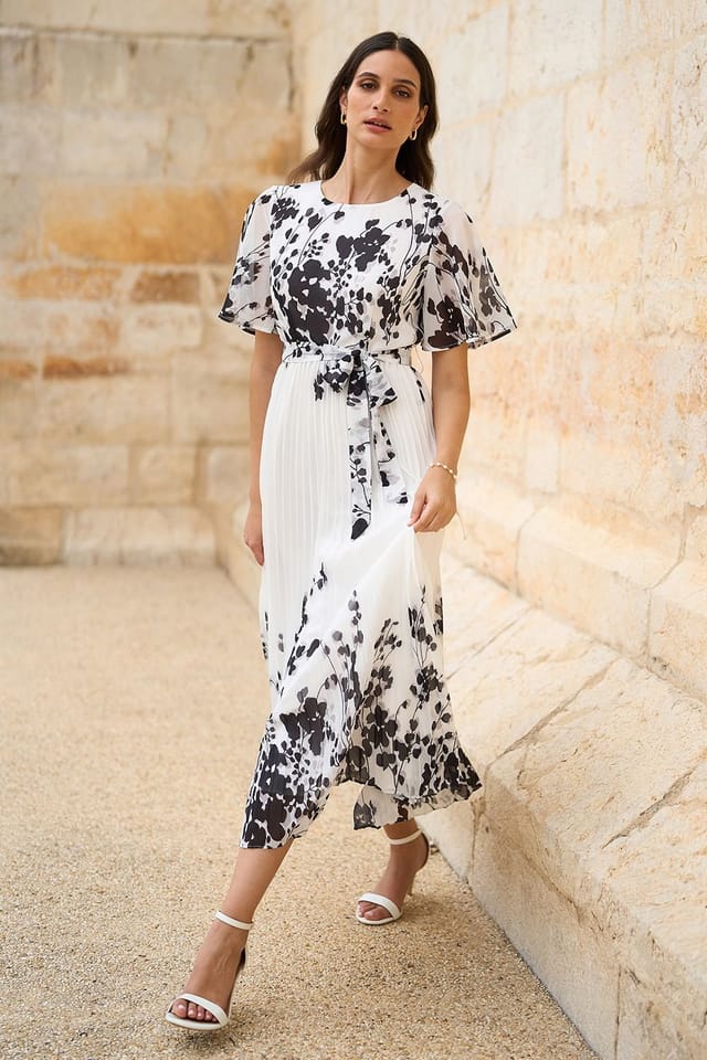 Yumi Yumi Women's White Mirror Floral Design Pleated Midi Dress - 3