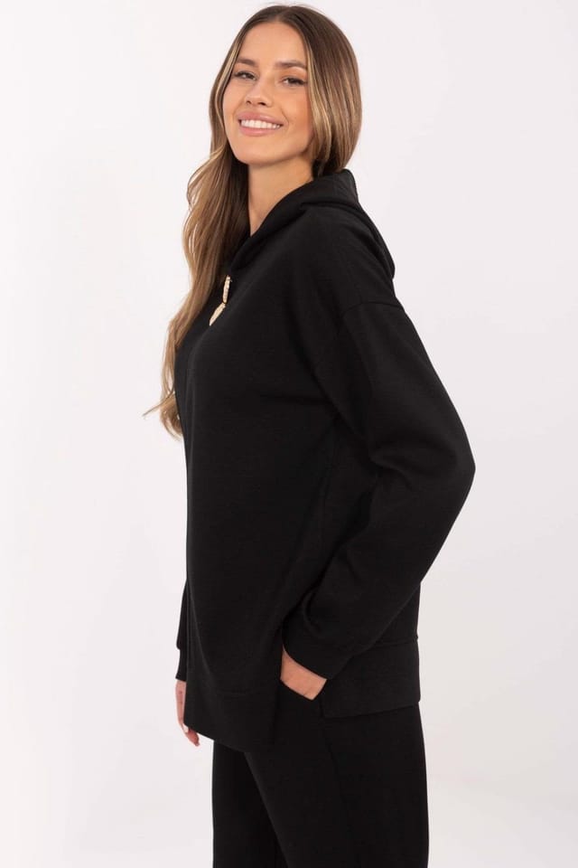 Love Lace Love Lace Women's Hooded Blouse with Side Slit & Detachable Brooch in Black - 2