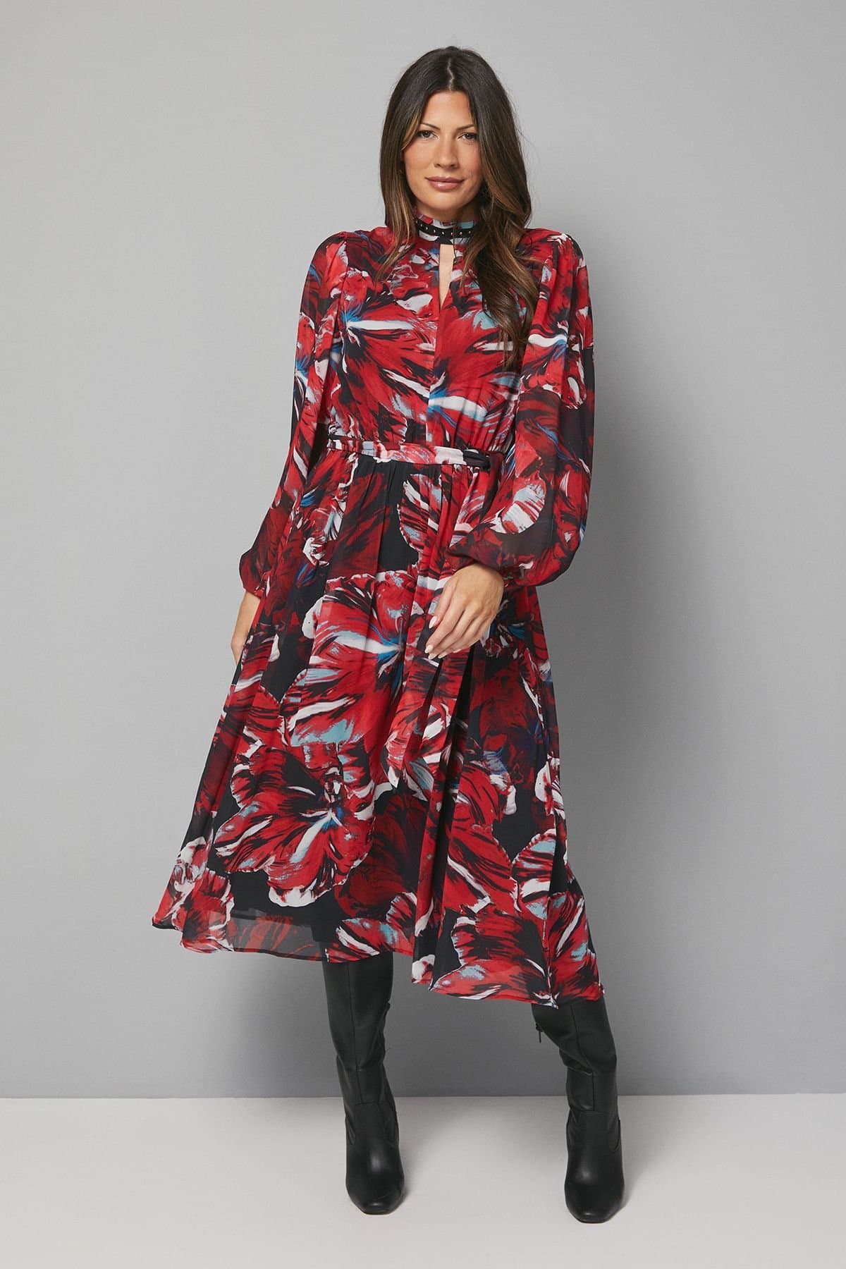 Wallis Wallis Women's Floral Stud Trim Midi Dress in Taupe