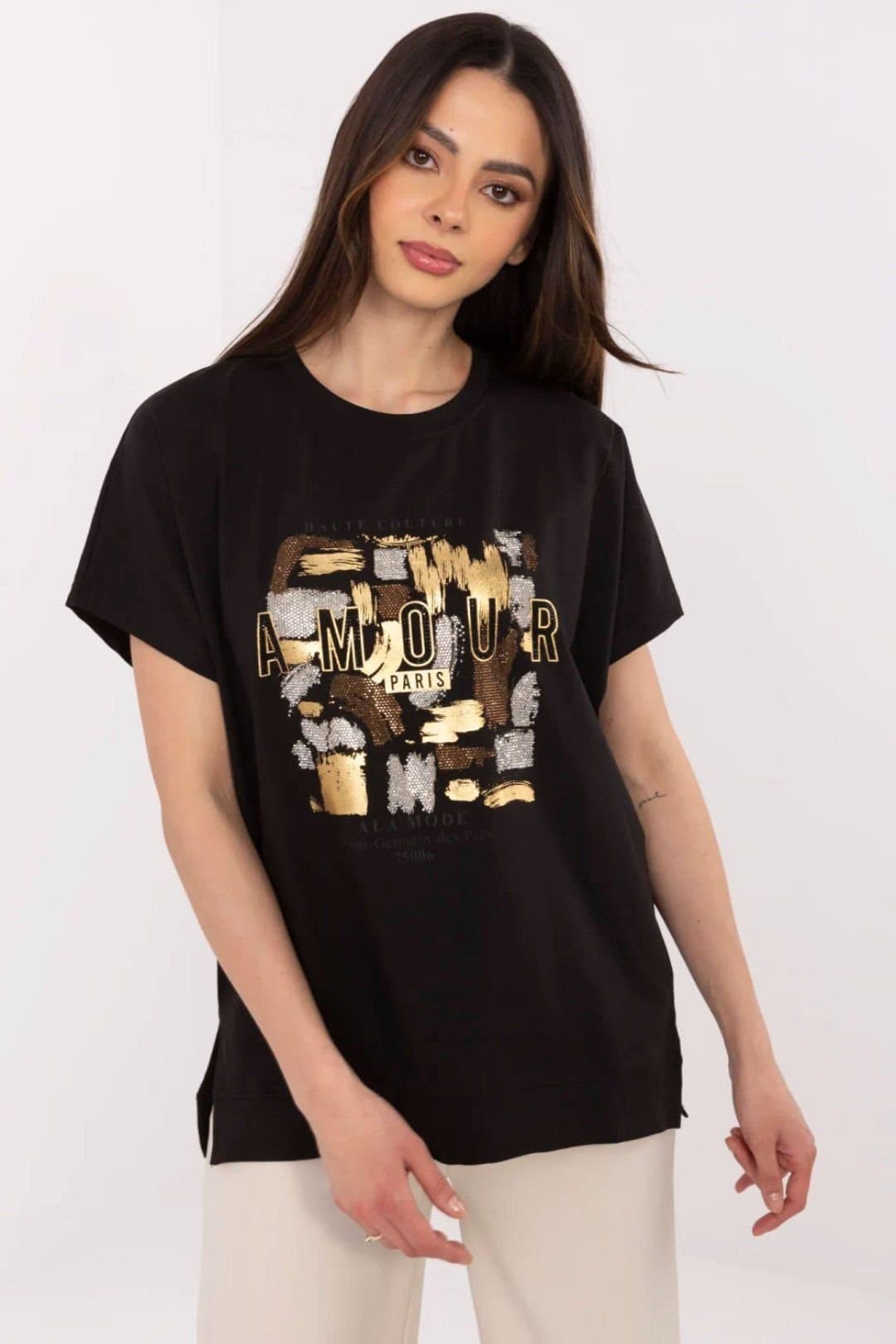 Love Lace Love Lace Women's Cotton Elastane Casual Blouse with Glow Print in Black