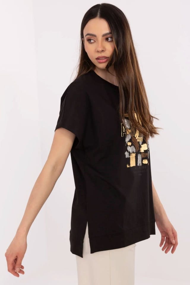 Love Lace Love Lace Women's Cotton Elastane Casual Blouse with Glow Print in Black - 2