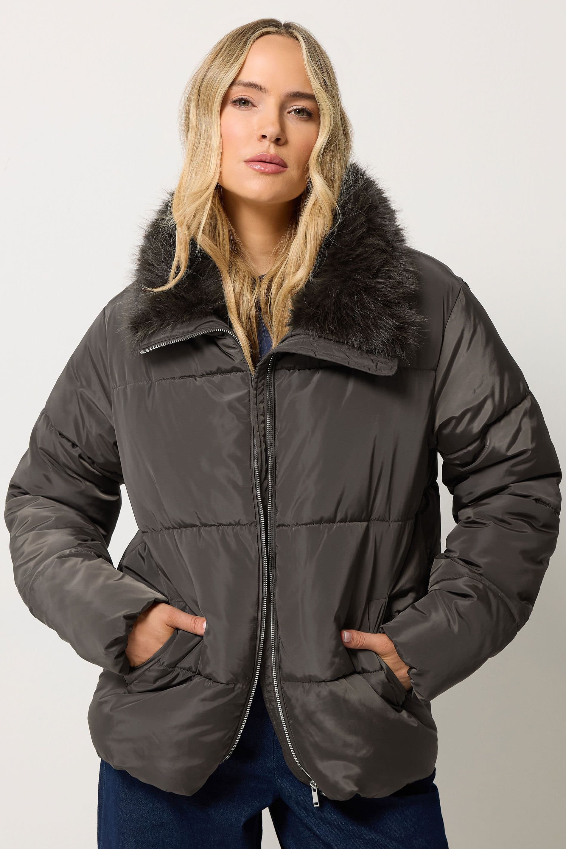 Long Tall Sally Long Tall Sally Women's Tall Faux Fur Collar Padded Coat in Brown