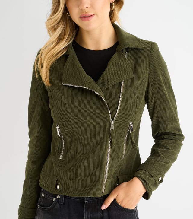 Gini London Women's Khaki Corduroy Biker Jacket Gini London New Look - 2