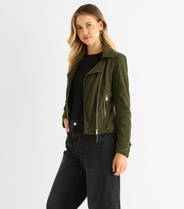 Gini London Women's Khaki Corduroy Biker Jacket Gini London New Look - 3
