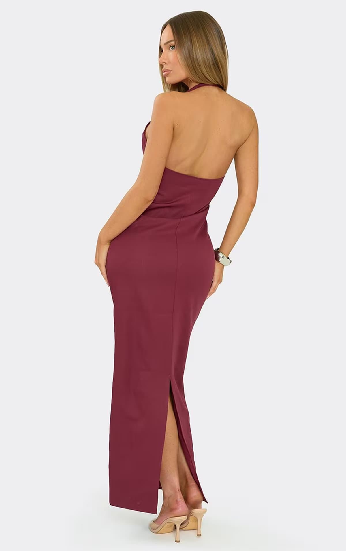 EGO Halterneck Plunge Front Split Back Maxi Dress In Burgundy, Women's Size UK 6