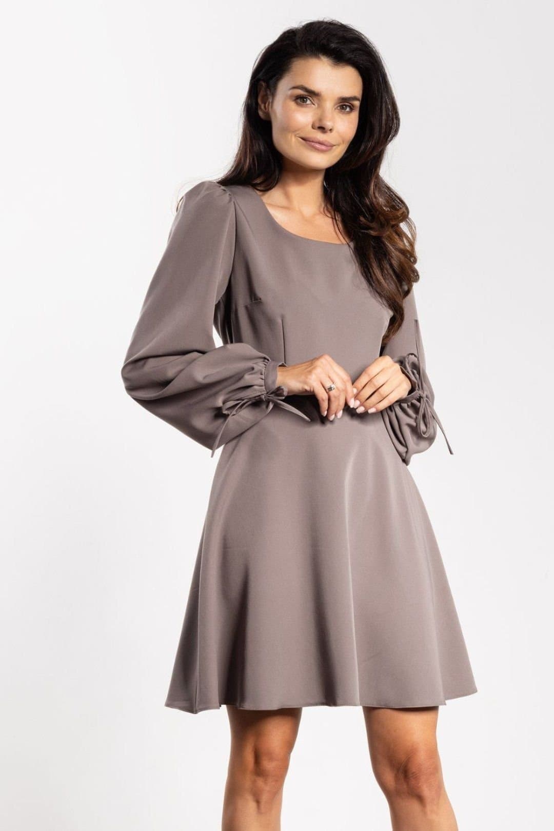 Love Lace Love Lace Women's Flared Mini Dress with Tie & Puff Sleeves in Taupe