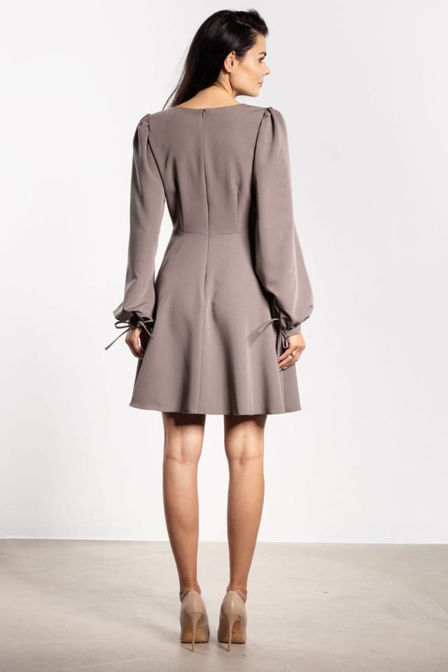 Love Lace Love Lace Women's Flared Mini Dress with Tie & Puff Sleeves in Taupe - 3