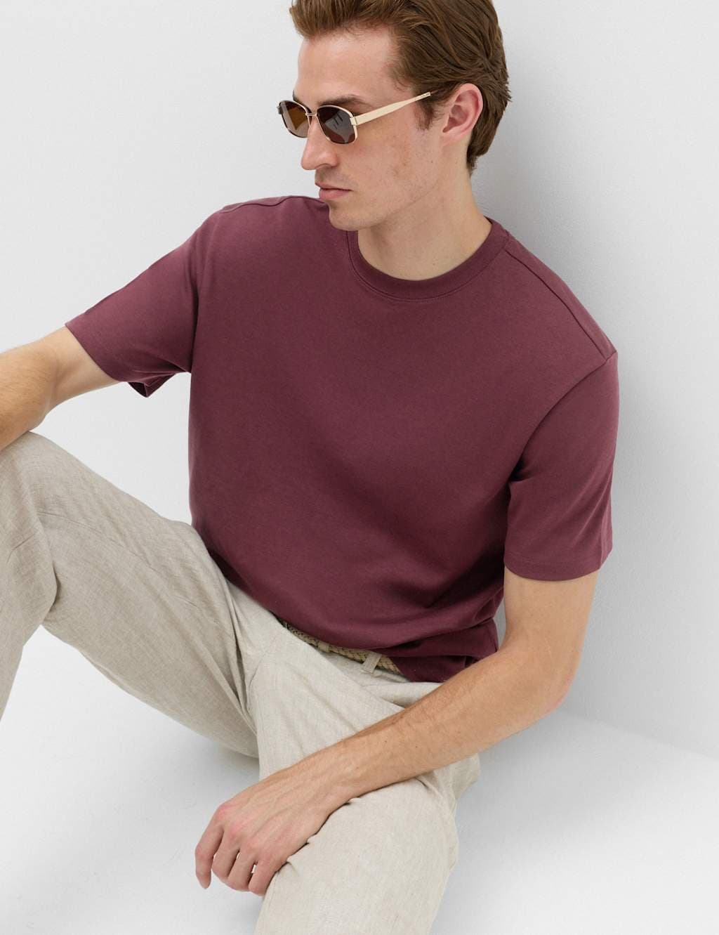 Marks & Spencer M&S Relaxed Fit Cotton Blend Ultimate Performance T-Shirt Bordeaux